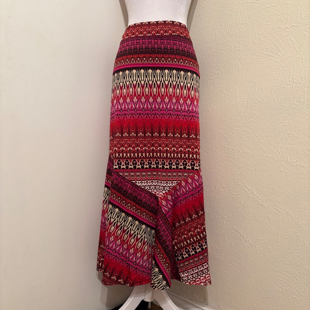 Red Pink Ombre Southwest Aztec Geometric Ikat Print Maxi Skirt Trumpet Hem P XL